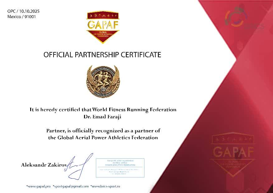 We are proud to announce that the World Fitness Running Federation (WFRF) has been officially recognized as an official partner of the Global Aerial Power Athletics Federation (GAPAF) ๐ค